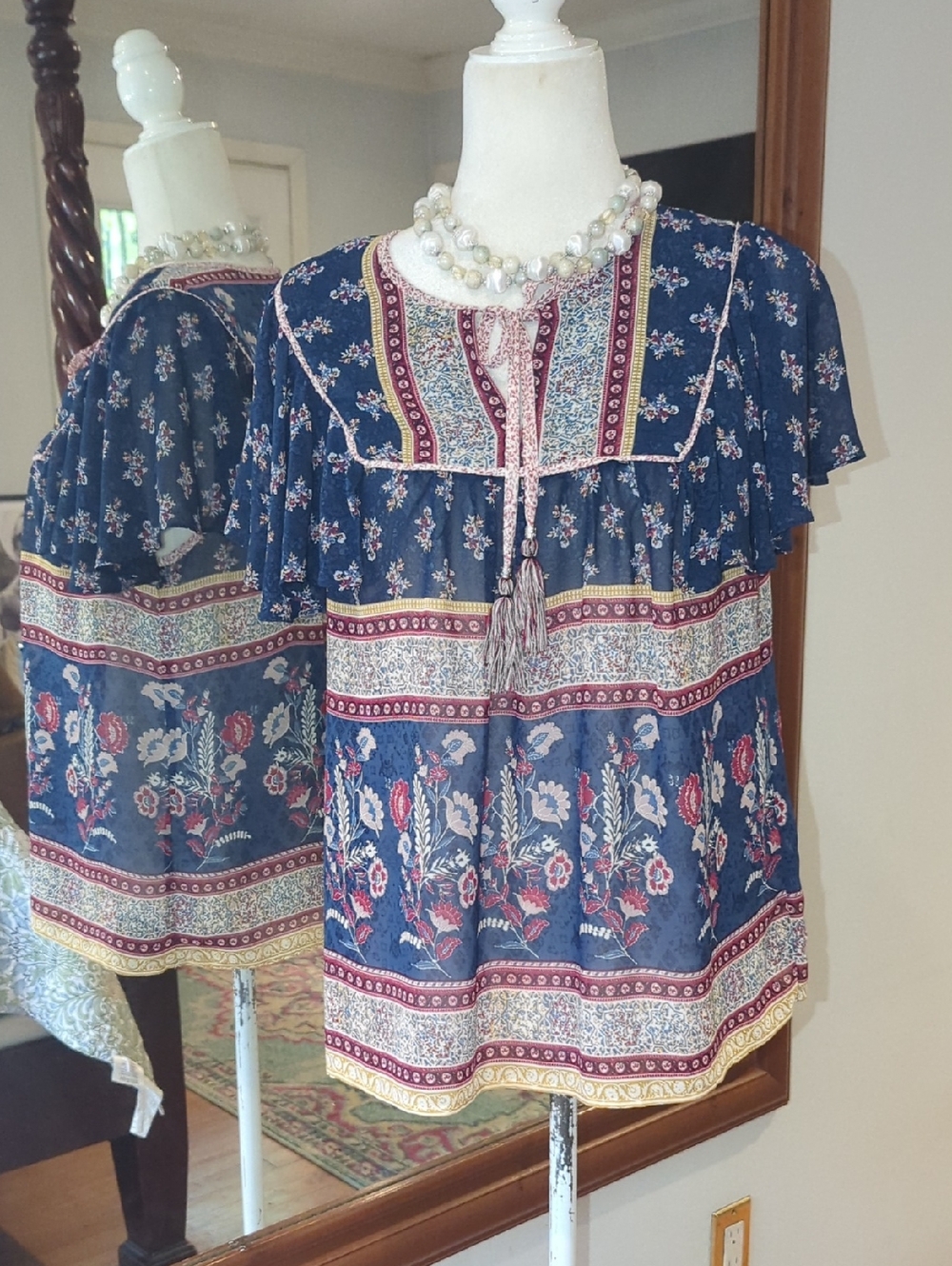Knox Rose Navy Floral Tassel Peasant Top